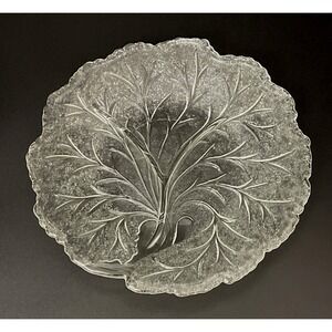 Vtg Clear Glass Leaf Frosted Divided Relish Dish Plate 10" D